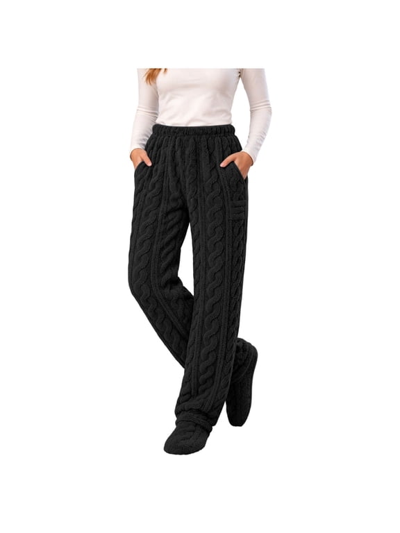 Women Pants Cable Knit Fleece Lined Stirrup Hem High Waist Elastic Waistband Solid Colors for Fall Winter Home and Everyday Wear