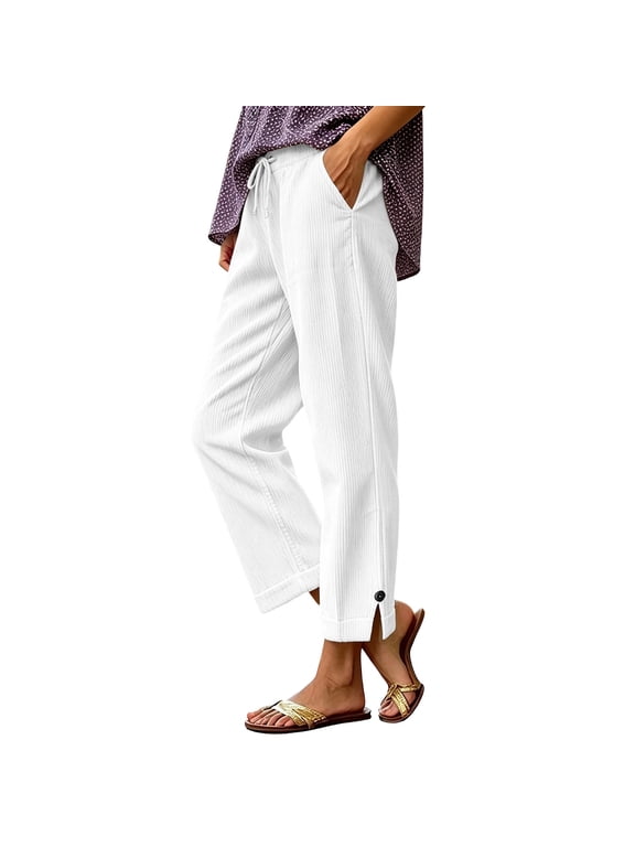 Women Pants Corduroy Wide Leg Ankle Length Elastic Waist Two Side Pockets Solid Colors for Fall Winter School Runs and Errands