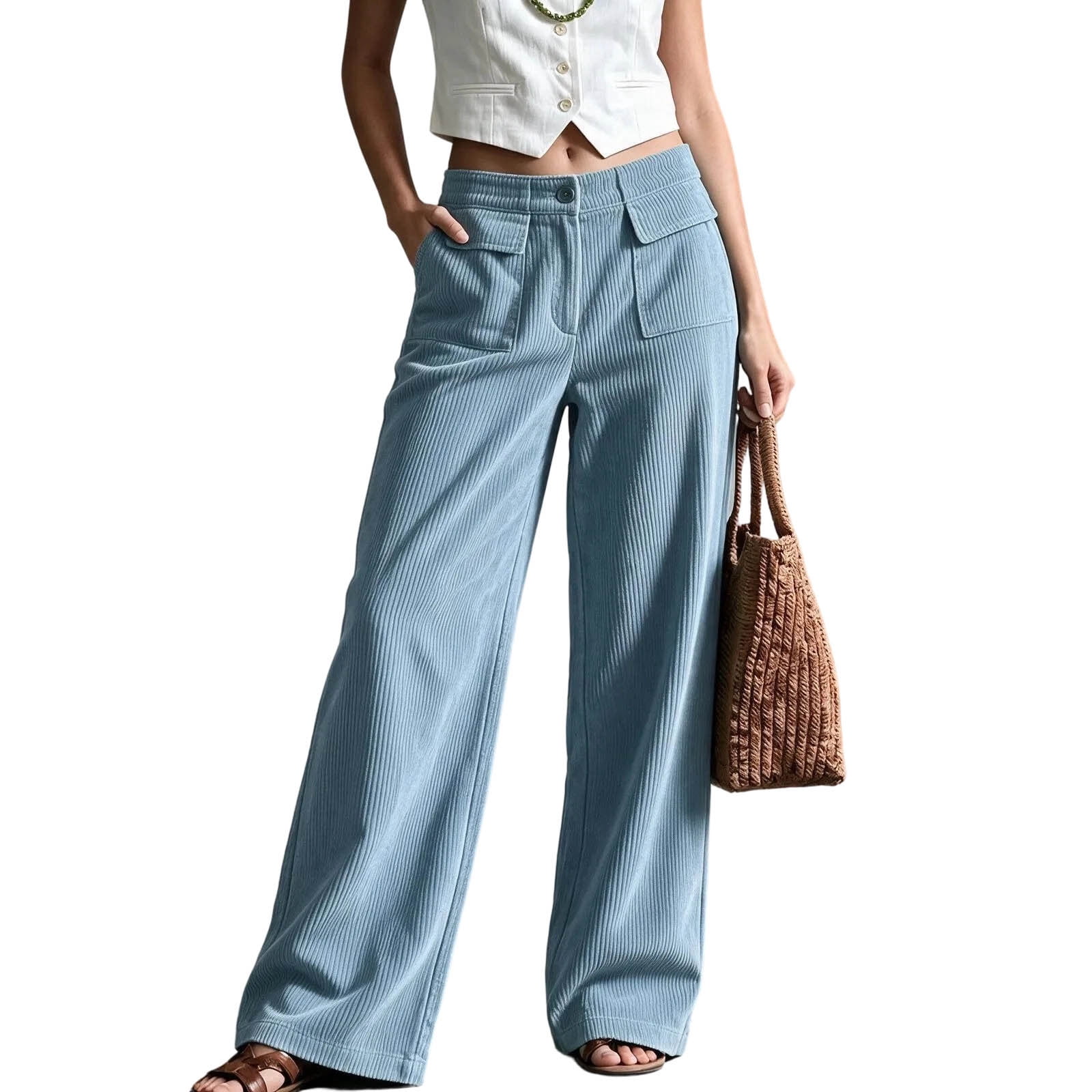 Work By Spring Formula QIYAGBSA Women Pants Wide Leg Button and Zip Front Two Flap Pockets ...