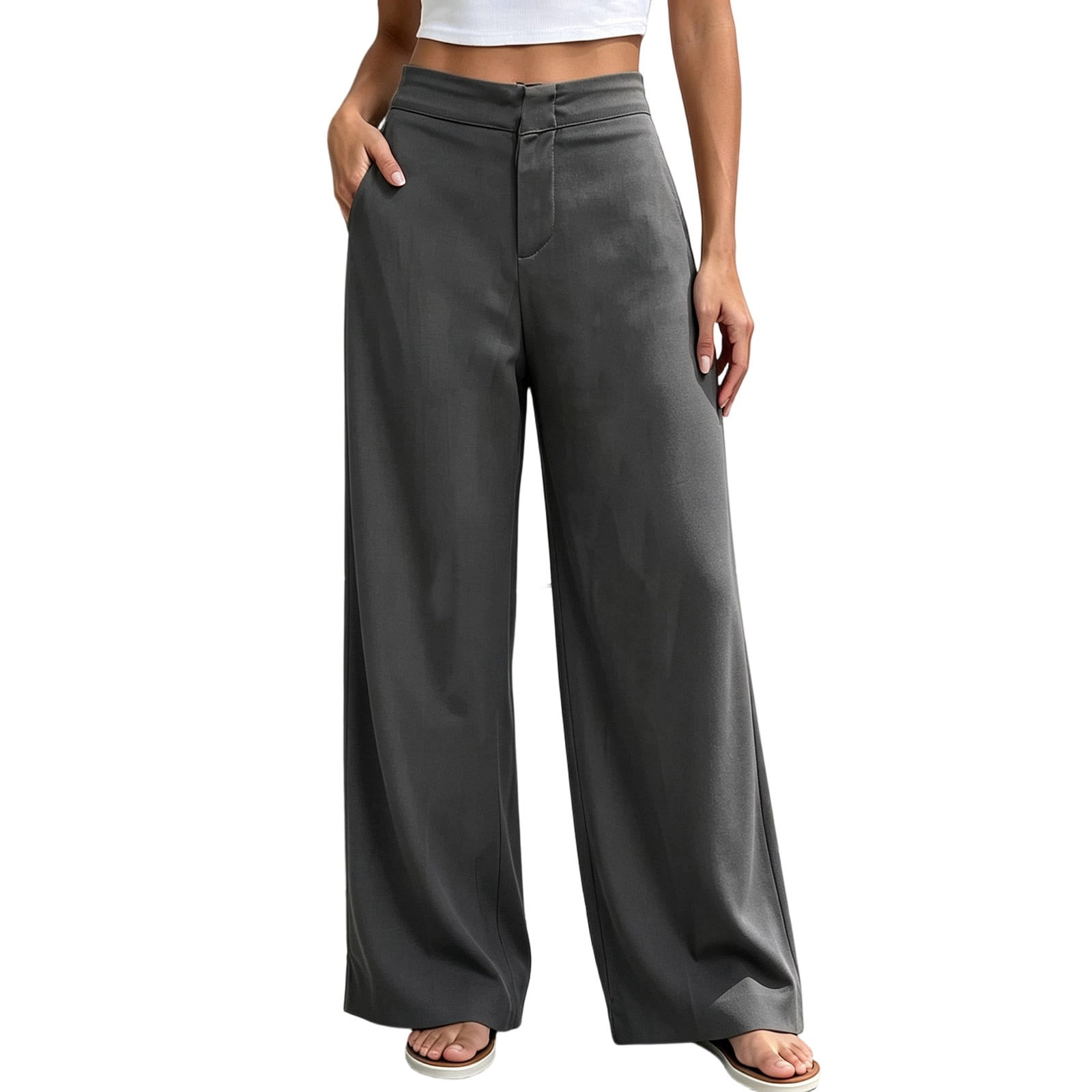 Work By Spring Formula QIYAGBSA Women Pants Wide Leg High Waist Zip Fly Two Side Pockets ...