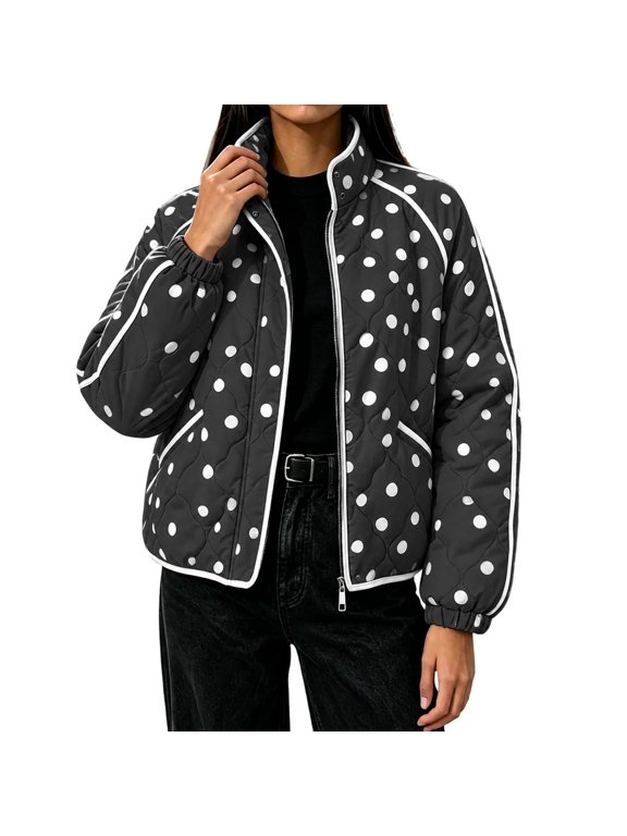 Women Polka Dot Quilted Jacket Stand Collar Zip Front Contrast Piping Diamond Pattern Side Pockets Long Sleeve for City Errands and Weekend Walks
