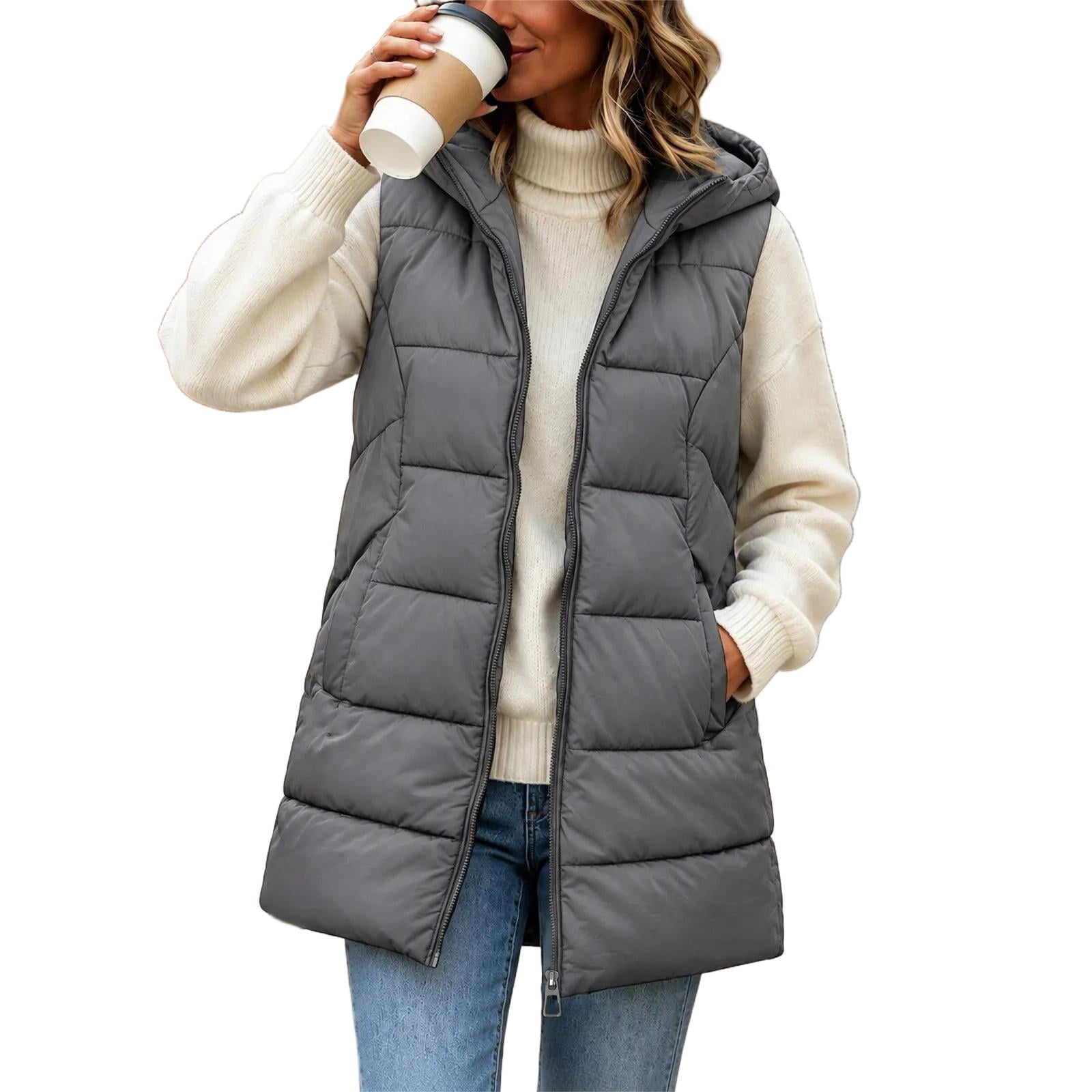 Cold Infant Color QIYAGBSA Women Puffer Vest Hooded Thigh Length Horizontal Channels Side ...