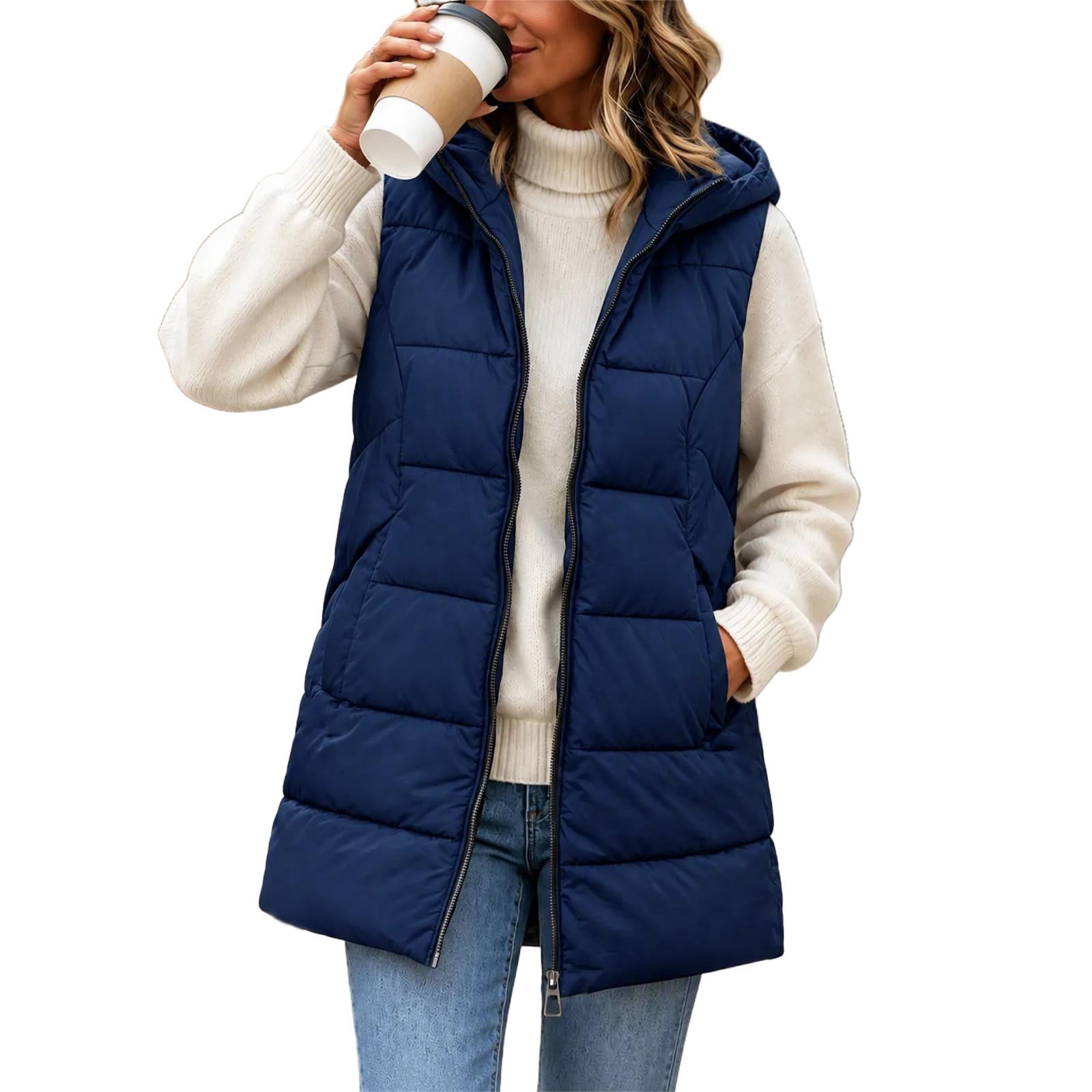 Cold Infant Color QIYAGBSA Women Puffer Vest Hooded Thigh Length Horizontal Channels Side ...