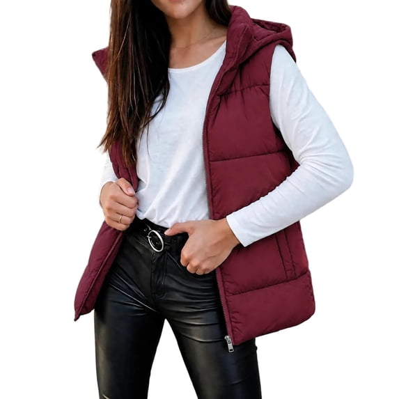 QIYAGBSA Women Puffer Vest Hooded Zip Front Horizontal Channels Hip ...