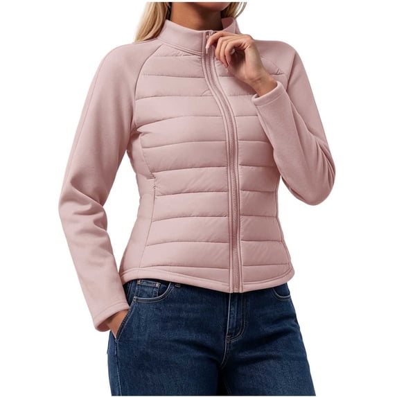 QIYAGBSA Women Quilted Jacket Zip Up Stand Collar Lightweight Fitted with Knit Sleeves Outdoor Sporty Coat (Pink, L)