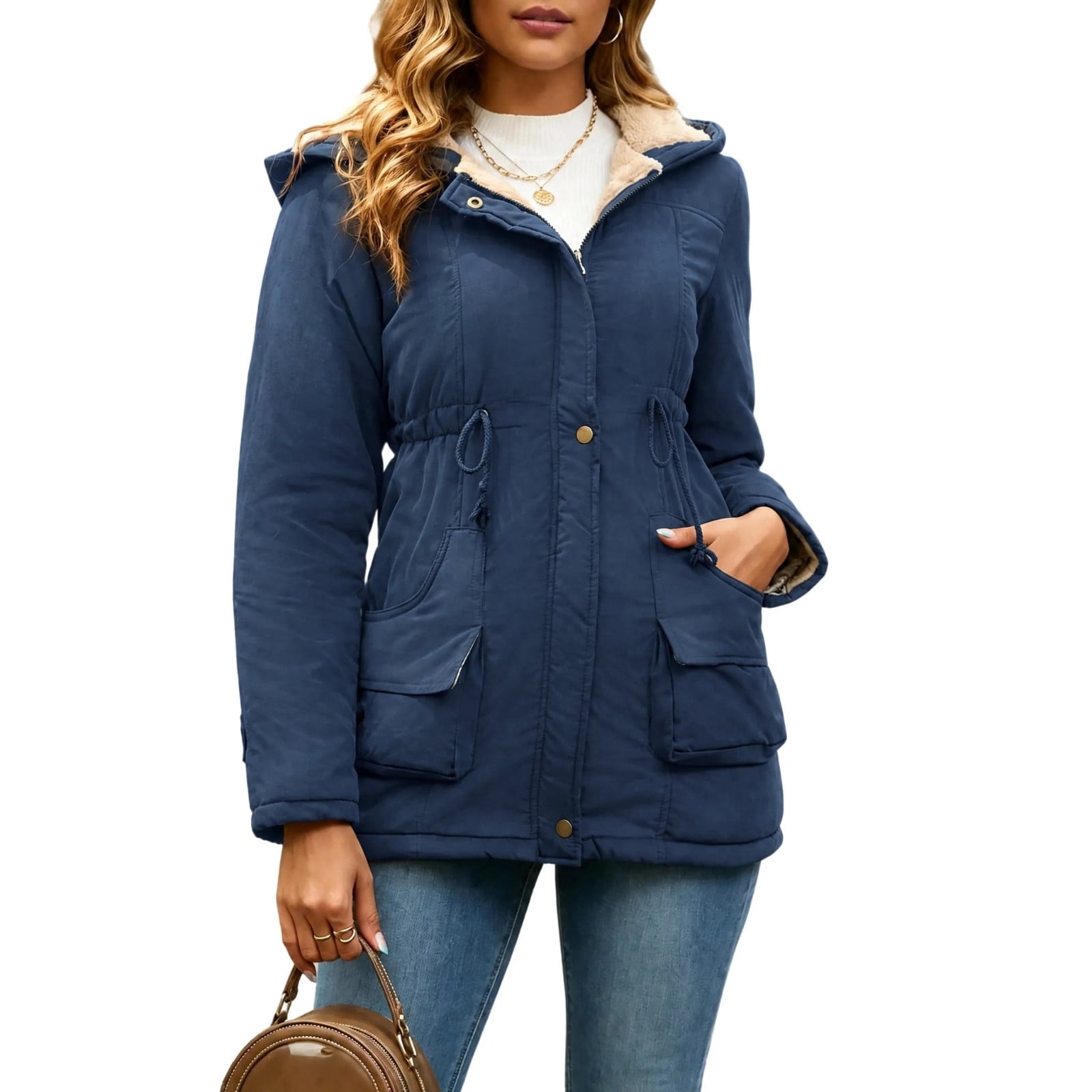 QIYAGBSA Women Quilted Work Jacket Hooded Pile Lined Hood Button Front ...