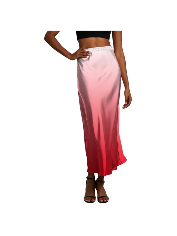 Women Satin Midi Skirt Ombre Print Elastic High Waist Bias Cut Flowing Hem with Long Line for Evening Events and Summer Parties