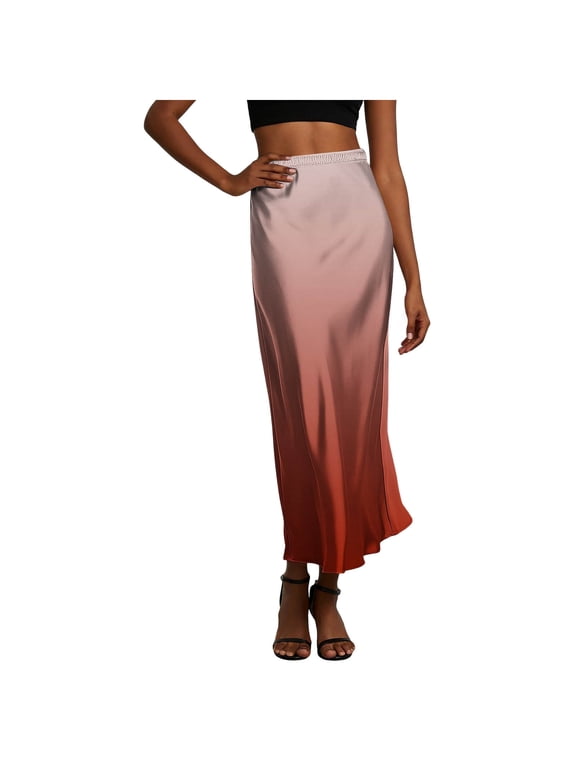 Women Satin Midi Skirt Ombre Print Elastic High Waist Bias Cut Flowing Hem with Long Line for Evening Events and Summer Parties