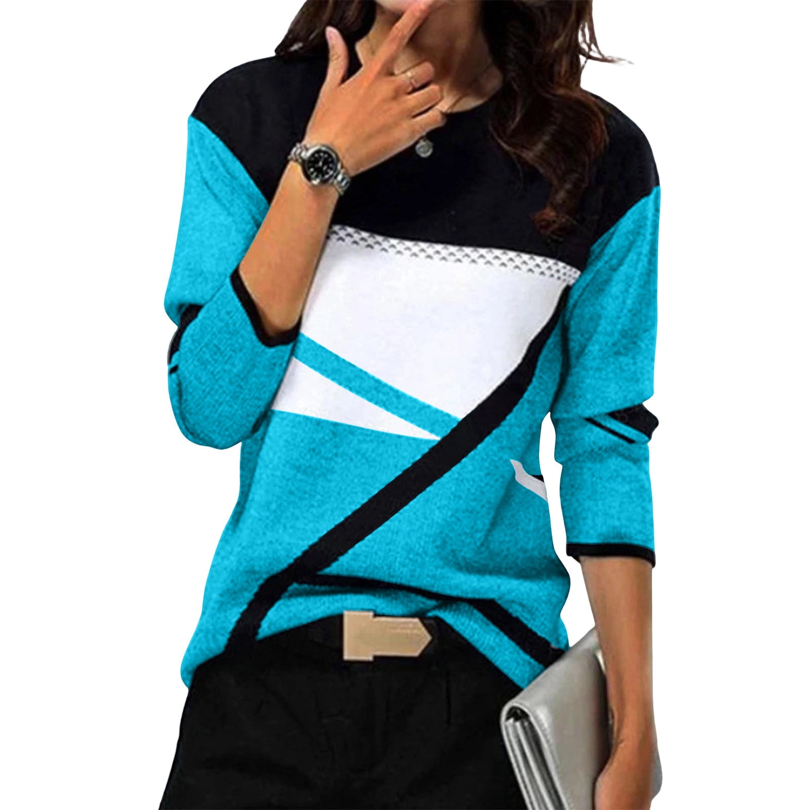 QIYAGBSA Women Sweater Geometric Print Crew Neck Three Quarter Sleeve ...