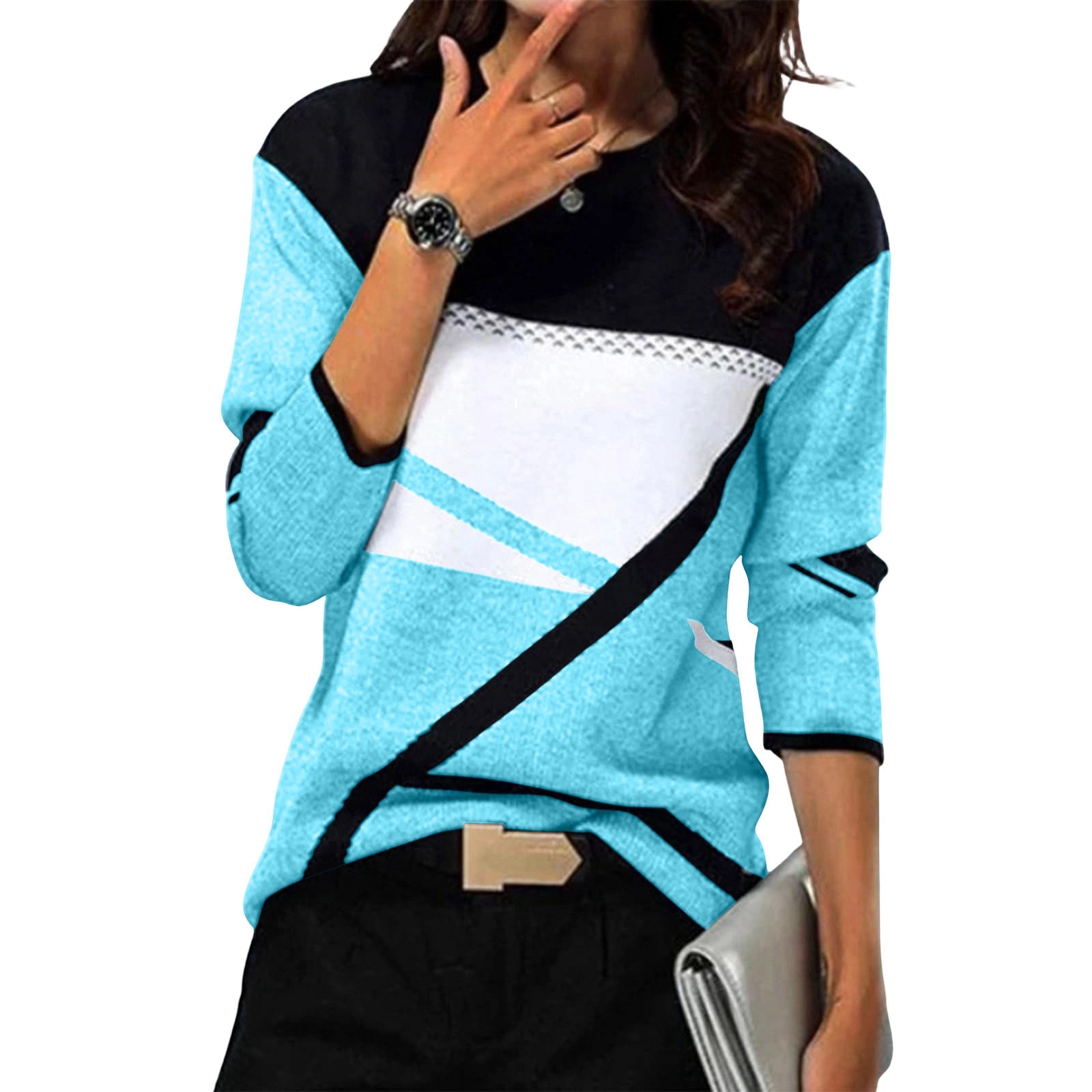 QIYAGBSA Women Sweater Geometric Print Crew Neck Three Quarter Sleeve ...