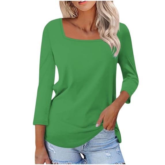 Summer Olouring In QIYAGBSA Women Blouse Square Neck 3/4 Sleeve Side Slits Curved Hem ...