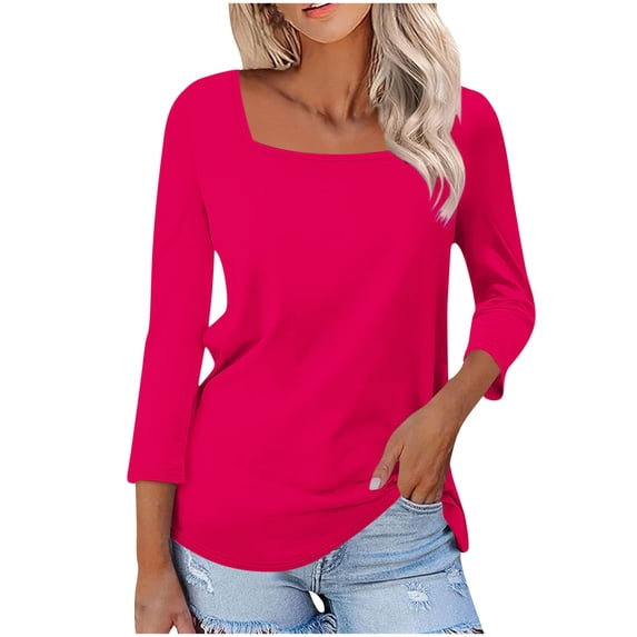 Summer Olouring In QIYAGBSA Women Blouse Square Neck Three Quarter Sleeve Side Slits ...