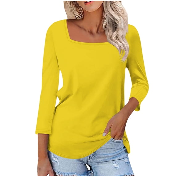 Summer Olouring In QIYAGBSA Women Blouse Square Neck Three Quarter Sleeve Side Slits ...