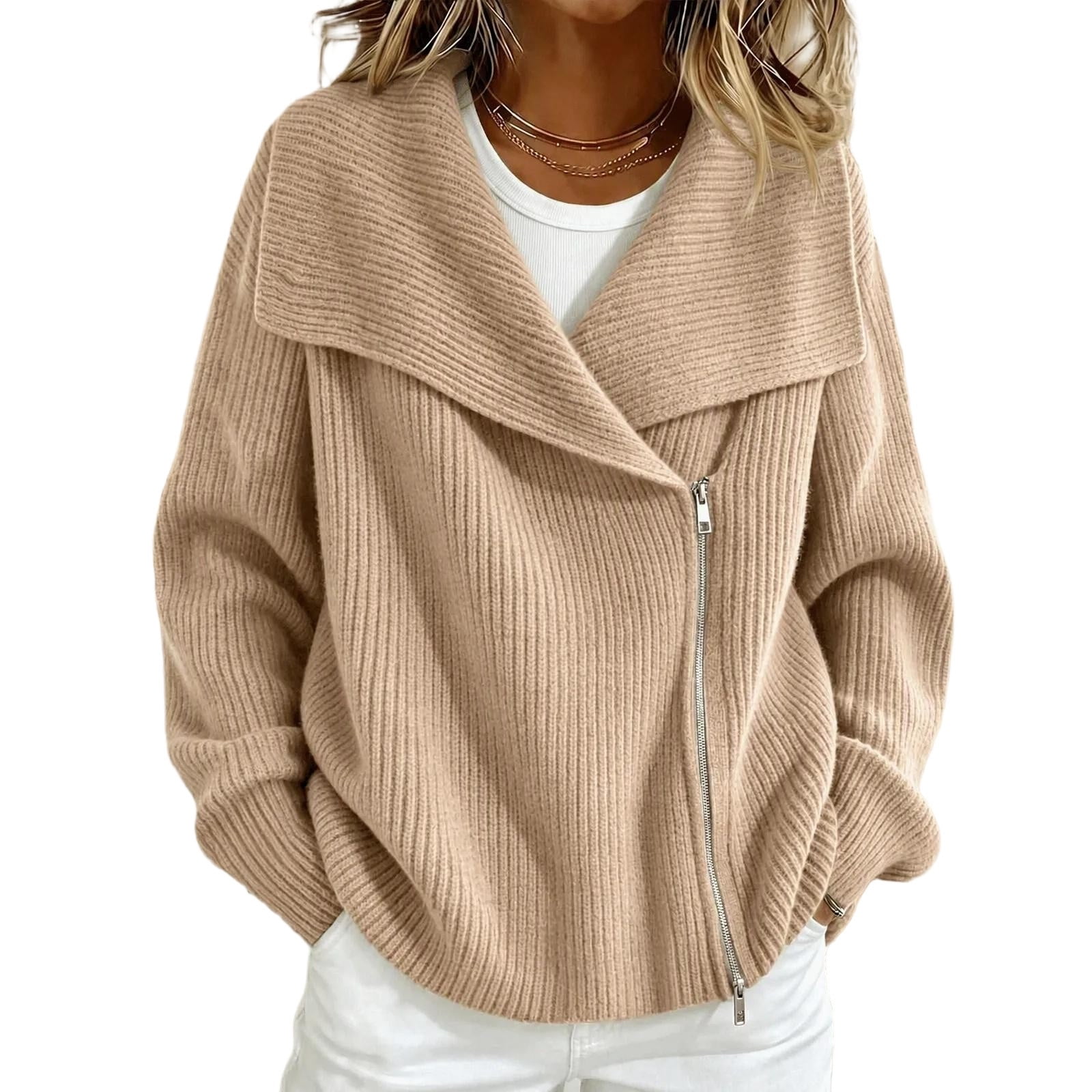 QIYAGBSA Women Zip Up Cardigan Wide Fold Over Lapel Long Sleeve Ribbed ...
