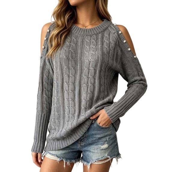 QIYAGBSA Women's Cold Shoulder Sweater Crewneck Cable Knit Pearl Beaded Long Sleeve Sweater Tops Casual Fall Solid Relaxed Fit Pullover Top