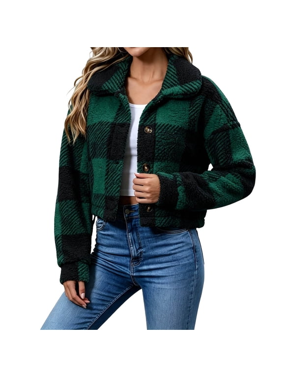 Women's Cropped Fuzzy Plaid Jacket Button Down Lapel Teddy Fleece Shacket Fall Winter Casual Outerwear