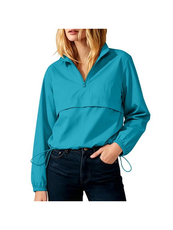 Women's Half Zip Pullover Windbreaker Stand Collar Drawstring Hem Lightweight Long Sleeve Casual Jacket Outerwear