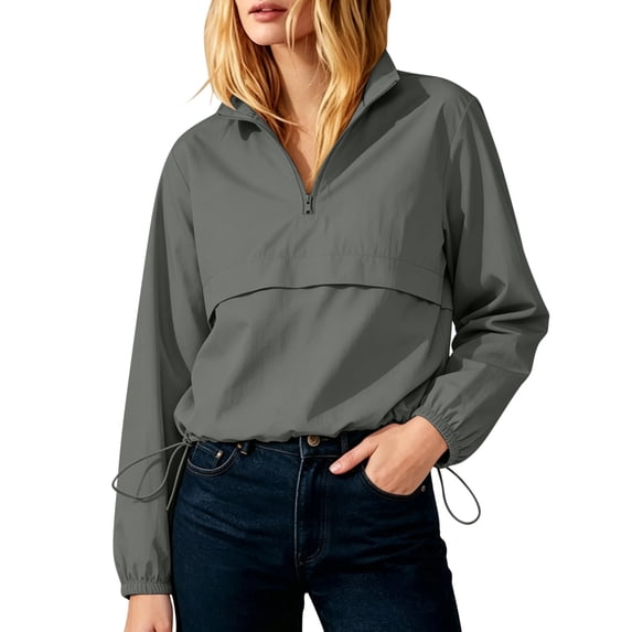 QIYAGBSA Women's Half Zip Pullover Windbreaker Stand Collar Drawstring Hem Lightweight Long Sleeve Casual Jacket Outerwear