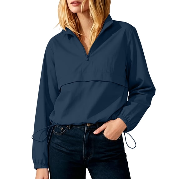 QIYAGBSA Women's Half Zip Pullover Windbreaker Stand Collar Drawstring Hem Lightweight Long Sleeve Casual Jacket Outerwear