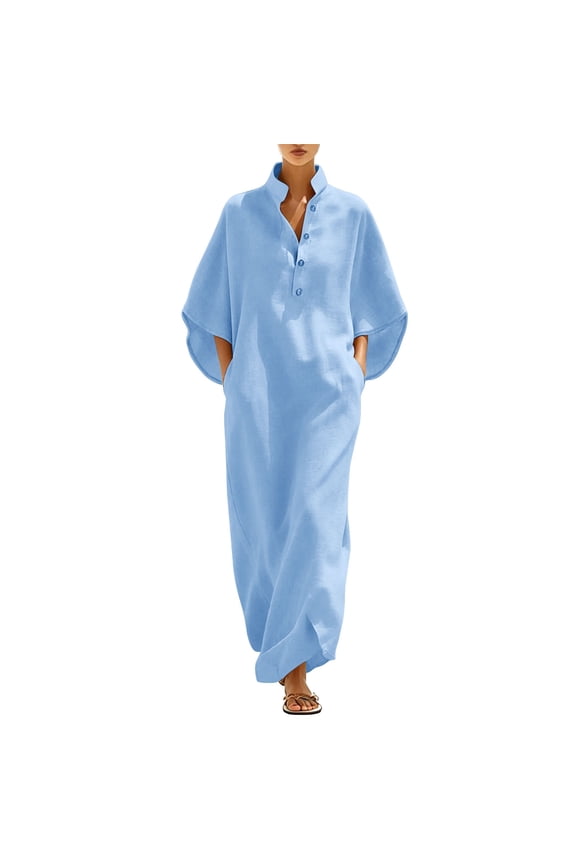 Womens Dresses Mandarin Collar Button Front with Side Pockets and Relaxed Resort Maxi Dress (Light Blue S)