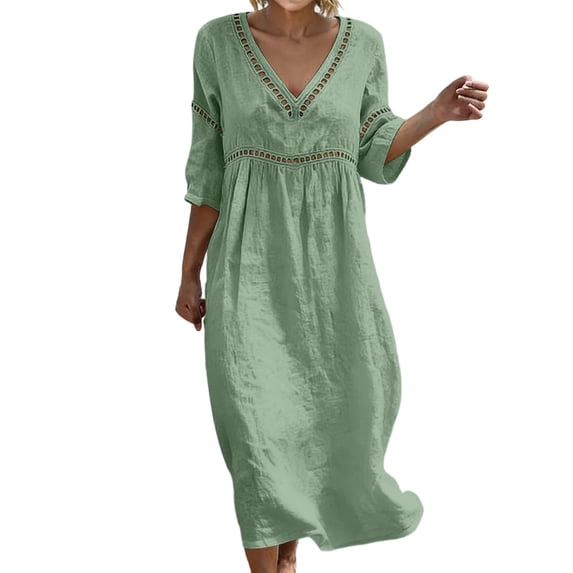 QIYAGBSA Womens Dresses V Neck 3/4 Sleeve with Lace Trim Pockets Relaxed Fit Boho Beach Vacation Maxi Dress (Green 2XL)