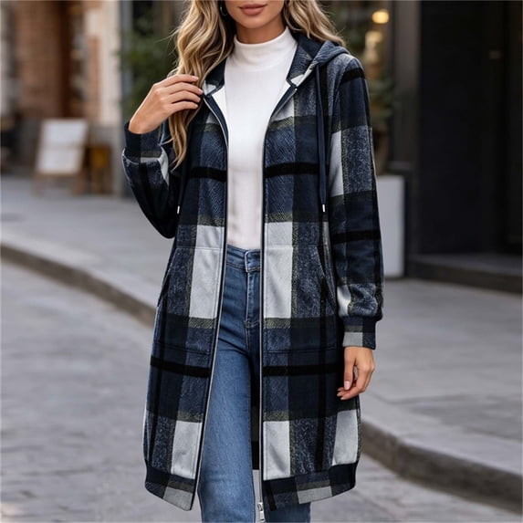 QIYAGBSA Womens Long Plaid Coat Soft Tweed Hooded Zip Up Drawstring Fall Winter Outerwear with Pockets (Navy, M)