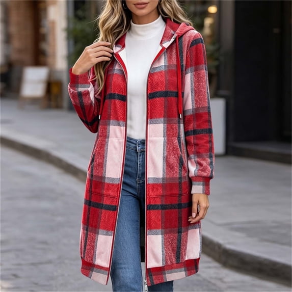 QIYAGBSA Womens Long Plaid Coat Soft Tweed Hooded Zip Up Drawstring Fall Winter Outerwear with Pockets (Red, L)