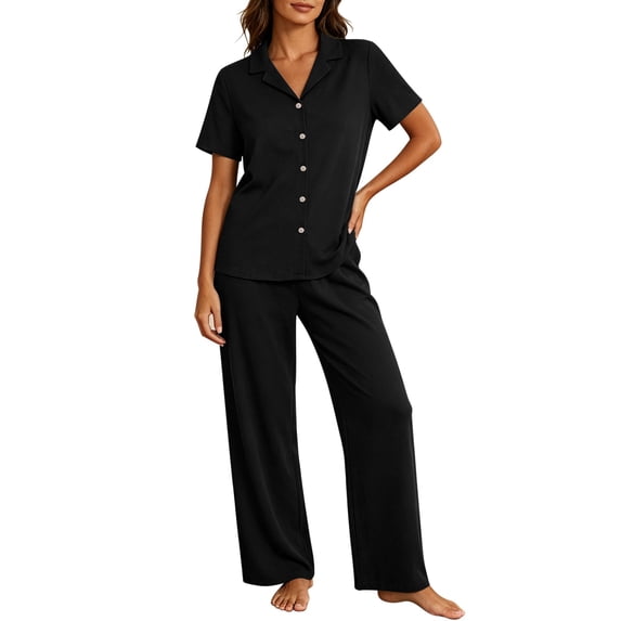 QIYAGBSA Womens Pajama Sets Soft Cotton Short Sleeve Button Down Top and Pants Sleepwear (Black, XL)