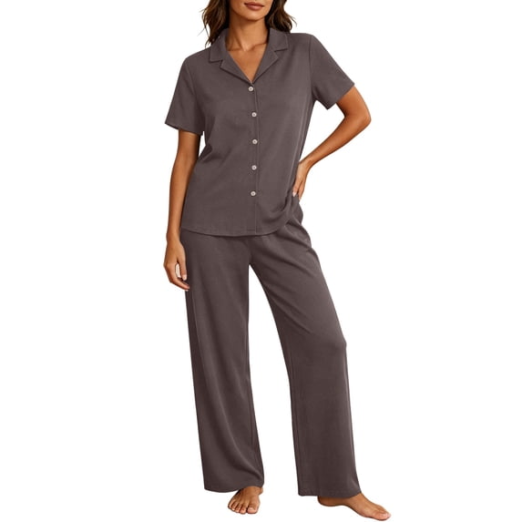 QIYAGBSA Womens Pajama Sets Soft Cotton Short Sleeve Button Down Top and Pants Sleepwear (Coffee, S)