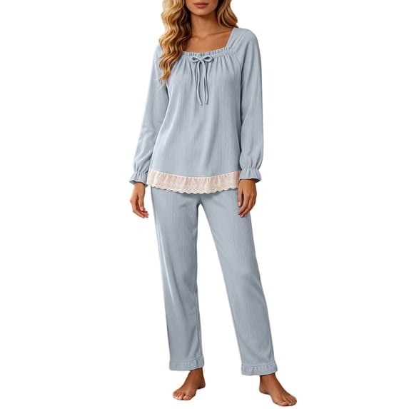 QIYAGBSA Womens Pajama Sets Soft Ribbed Square Neck Lace Hem Long Sleeve Top and Pants (Blue, M)