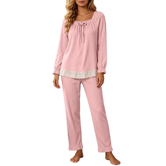 QIYAGBSA Womens Pajama Sets Soft Ribbed Square Neck Lace Hem Long Sleeve Top and Pants (Pink, M)