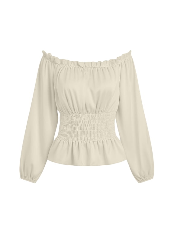 Womens Peasant Tops Off The Shoulder Long Lantern Sleeve Renaissance Shirts Smocked Waist Peplum Vintage Casual Blouse Fair Festival