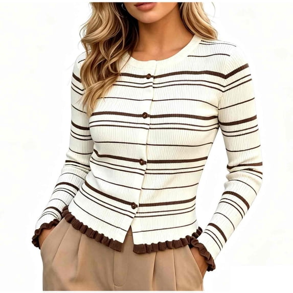 QIYAGBSA Womens Striped Knit Cardigan Sweater Button Front Ruffle Trim Round Neck Long Sleeve Casual Fall Winter Top (White M)