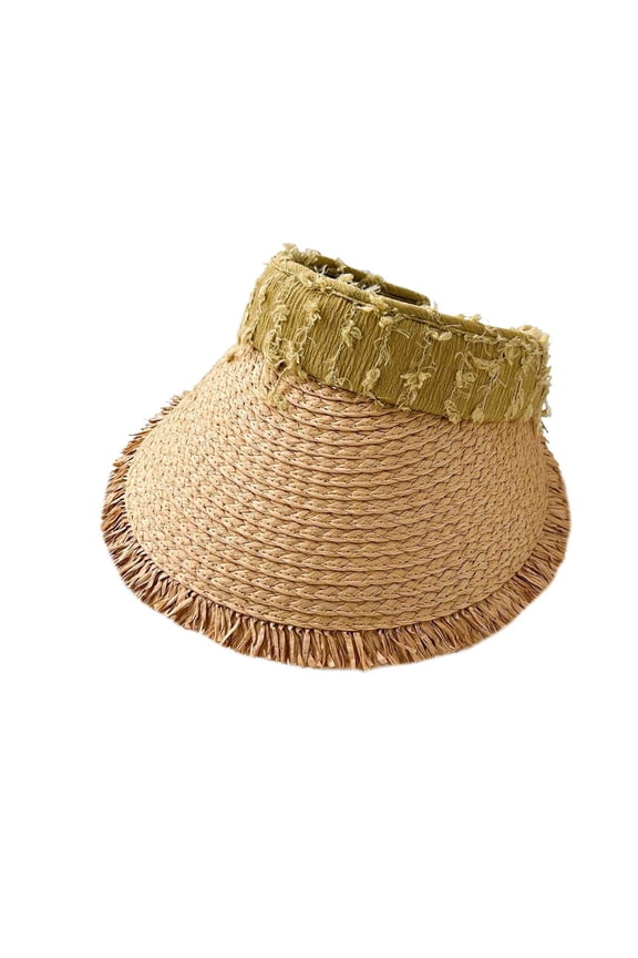 Womens Sun Visor Hat Wide Brim Fringe Trim Open Top Foldable for Summer Beach Vacation (Yellow Free Size)