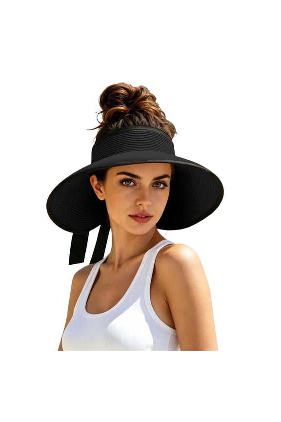 Womens Sun Visor Hat Wide Brim Straw Texture Bow Detail Open Top for Summer Beach Vacation (Black Free Size)