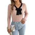 thumbnail image 1 of QIYAGBSA Womens V Neck Sweater Cable Knit Contrast Bow Detail Long Sleeve Pullover Casual Fall Winter Top (Pink L), 1 of 8