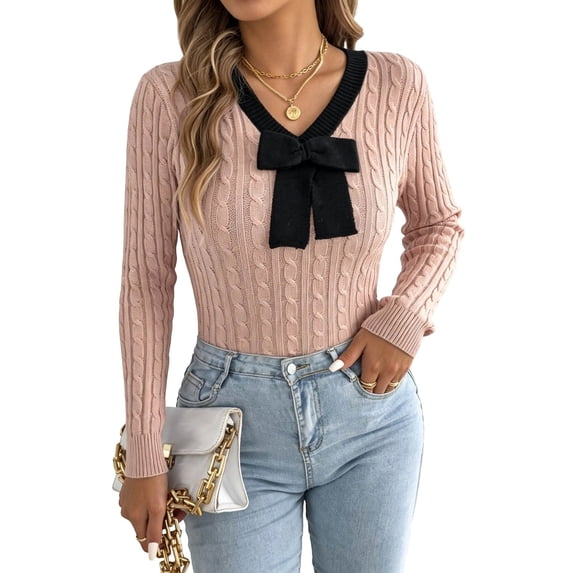 QIYAGBSA Womens V Neck Sweater Cable Knit Contrast Bow Detail Long Sleeve Pullover Casual Fall Winter Top (Pink L)