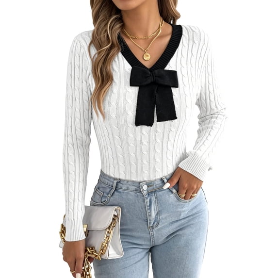 QIYAGBSA Womens V Neck Sweater Cable Knit Contrast Bow Detail Long Sleeve Pullover Casual Fall Winter Top (White M)