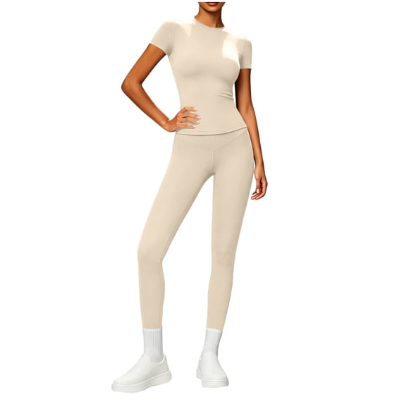 QIYAGBSA Workout Sets for Women Short Sleeve Crew Neck Top High Waist Leggings Stretch Athletic Two Piece Outfit (Beige, S)