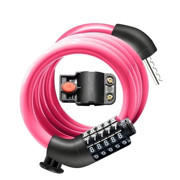 QIYCHE 5‑Digit Resettable Combination Cable Lock 4ft, Anti‑Theft Bike & Scooter Lock with Mounting Bracket, Pink