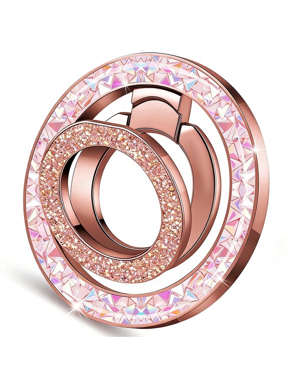 Magnetic Phone Ring Holder for Mag-Safe with Double Ring Glitter Magnetic Phone Ring Grip for iPhone 17-12 Series & Mag-Safe Accessories, Rose Gold