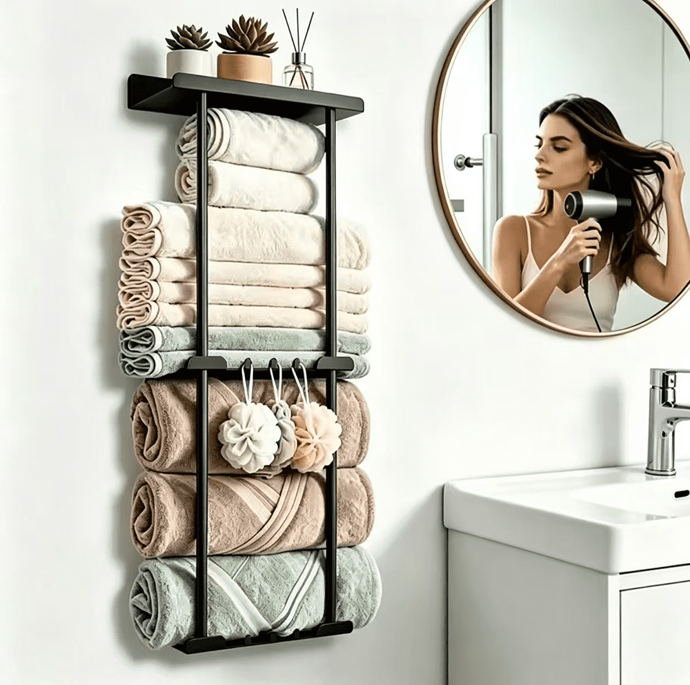 QIYFDDF Wall Towel Rack for Rolled Towels 3 Tier Metal Towel Holder 6 Hooks, 31.5in High Wall Mounted Towel Storage, 6 Large Bath Towels Capacity , Vertical Towel Storage Organizer Holder Black