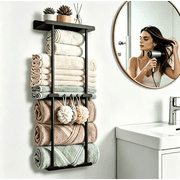 QIYFDDF Wall Towel Rack for Rolled Towels 3 Tier Metal Towel Holder 6 Hooks, 31.5in High Wall Mounted Towel Storage, 6 Large Bath Towels Capacity , Vertical Tow