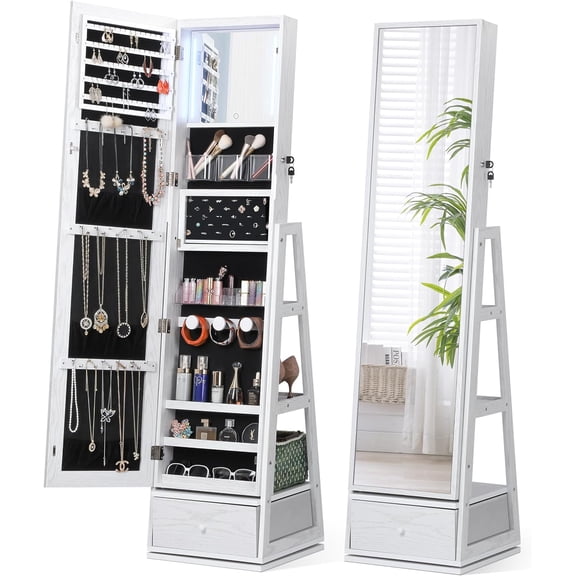 QIYIGUO 360 Swivel Jewelry Cabinet w/ Lights, Touch Screen Vanity Mirror, Full Length Mirror & Storage, Standing Armoire Organizer, Foldable Makeup Shelf, Pure White