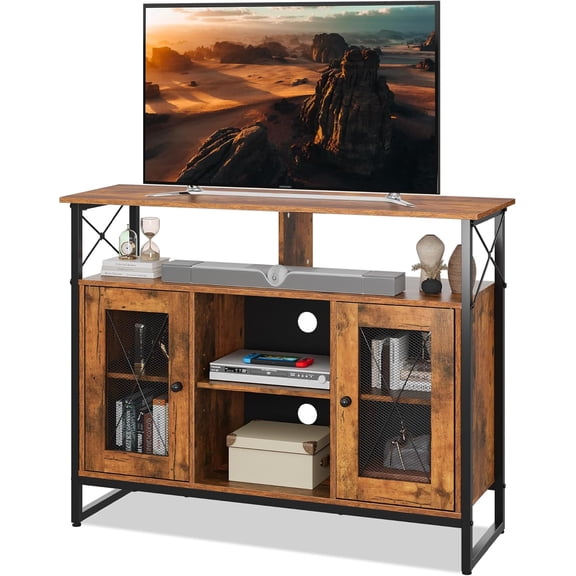 QIYIGUO 43" TV Stand, Farmhouse Industrial Entertainment Center w/Storage Cabinet & Adjustable Shelves for Living Room, Rustic Brown