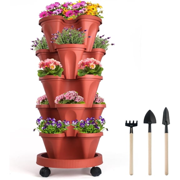 QIYIGUO 5-Tier Stackable Vertical Garden Planter Tower with Wheels for Strawberry, Herb, Flower & Vegetable - Indoor/Outdoor Pots