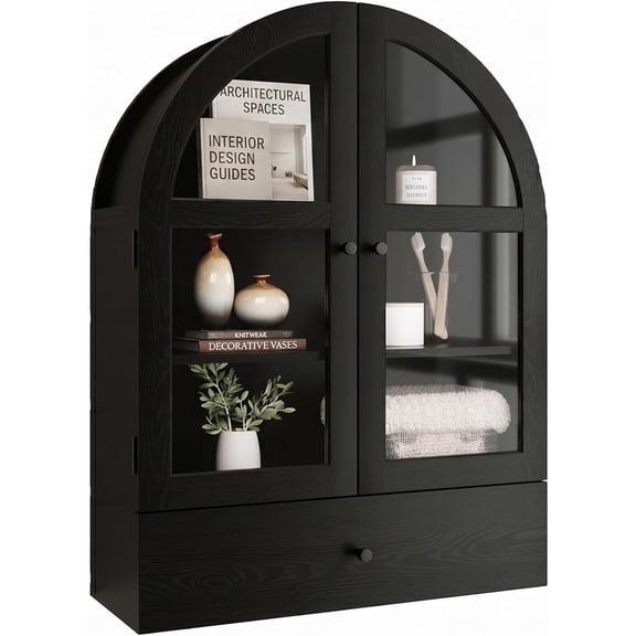 QIYIGUO Arched Wall Cabinet w/Drawer, Glass Door, Black - Over Toilet/Bathroom/Kitchen Storage, 31.5"H