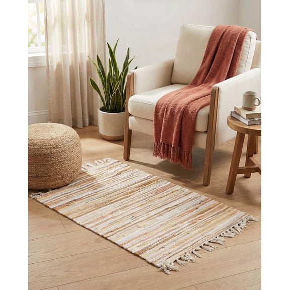 QIYIGUO Cotton 2'x3' Beige Flatweave Rug - Eco-Friendly, Easy Clean for Living, Dining Rooms & High-Traffic Areas