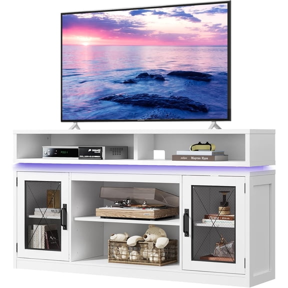 QIYIGUO Farmhouse TV Stand for 65" TVs, LED Lights, Storage Cabinets, Media Console for Living Room, Bedroom, White