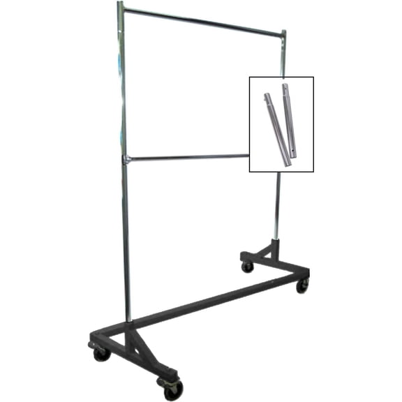 QIYIGUO Industrial Z Rack w/Add-On Hangrail, Built-in Height Extensions 70"-85"H, Heavy Duty 400+ Lbs, Black Metal Garment Rack, 63"L x 24"D